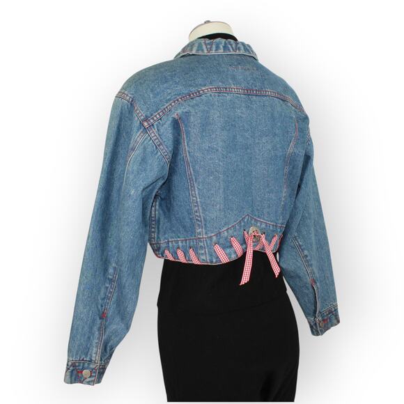Vintage M/L HystericEtVous Crop Denim Jean Jacket Western Red Gingham Cowgirl - Picture 16 of 16